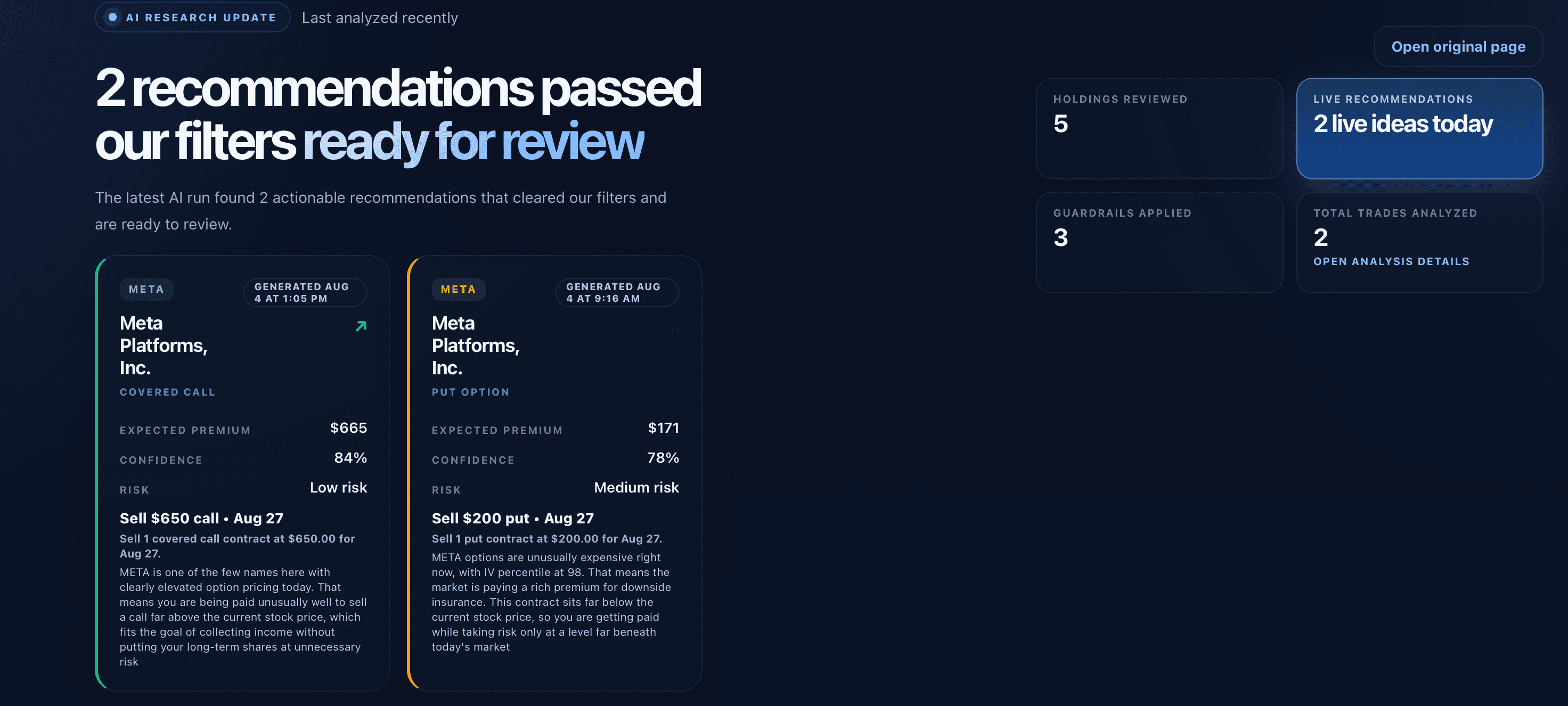 BazaarLabs opportunity review showing two recommendations that passed portfolio filters